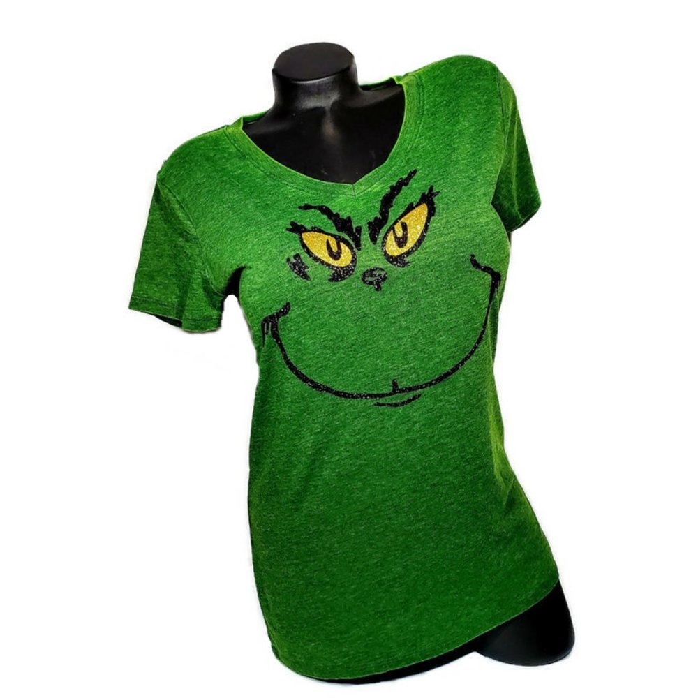 Grinch Face Green V-Neck  Tee .